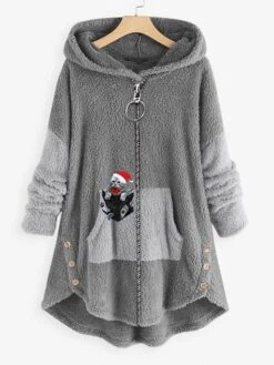 Women‘s Plus Size Christmas Fleece Jacket Teddy Coat Warm Button Pocket Animal Cat Causal Long Sleeve Hooded Regular Winter Fall Xmas Green Pink Dark Gray L XL XXL 3XL 4XL -Xmas Cothing Store uxbdpx1667564274219