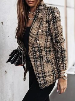 Women's Christmas Blazer Xmas Tweed Blazer Jacket Plaid Print Office Formal Casual Winter Coat Double Breasted Lapel Jacket Warm Fashion Outerwear Long Sleeve Fall Wine S -Xmas Cothing Store uziukd1695693127316