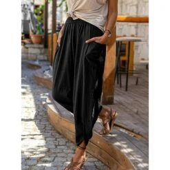 Women‘s Cotton Linen Pants With Side Pockets Christmas Wide-Leg Loose Casual Summer Fall White Light Blue S 2XL -Xmas Cothing Store vafhss1654063847444