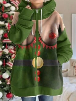 Women's Ugly Christmas Jacket Party Xmas Hooded Coat Winter Drawstring Zipper Jacket Green Loose Fit Outerwear Long Sleeve Fall Claret S