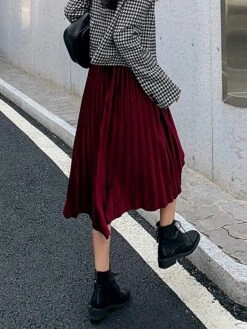 Women's Skirt A Line Swing Midi Gold Velvet Wine Red Black Pink Navy Blue Skirts Fall & Winter Pleated High Waist Fashion Elegant Christmas Xmas Street M L XL -Xmas Cothing Store vajxzl1694689574252