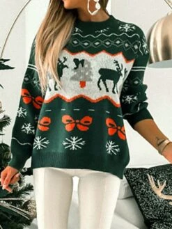 Women's Ugly Christmas Sweater Pullover Sweater Jumper Crew Neck Ribbed Knit Polyester Patchwork Fall Winter Regular Outdoor Christmas Daily Stylish Casual Soft Long Sleeve Elk Snowflake Red Green S -Xmas Cothing Store vbeiil1697103878095