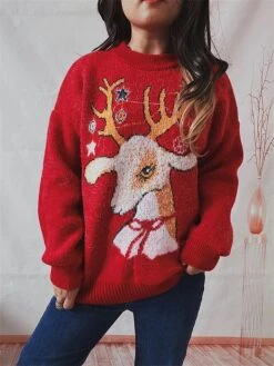 Women's Ugly Christmas Sweater Pullover Sweater Jumper Crew Neck Ribbed Knit Acrylic Oversized Fall Winter Regular Outdoor Xmas Daily Stylish Casual Soft Long Sleeve Elk Snowflake Red S M L