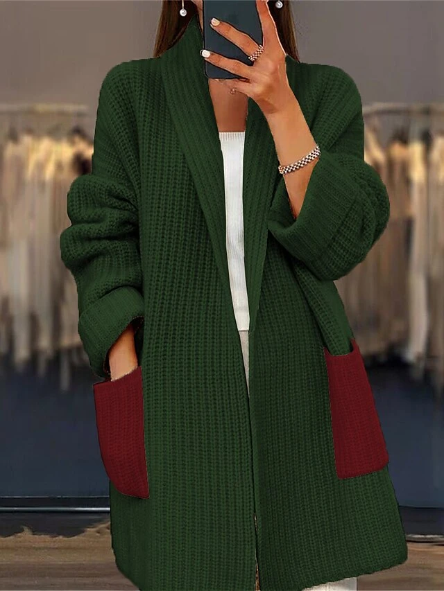 Women's Cardigan Open Front Ribbed Knit Polyester Pocket Fall Winter Long Christmas Going Out Casual Soft Long Sleeve Color Block Wine Army Green S M L 4 Women's Cardigan Open Front Ribbed Knit Polyester Pocket Fall Winter Long Christmas Going Out Casual Soft Long Sleeve Color Block Wine Army Green S M L - Image 2