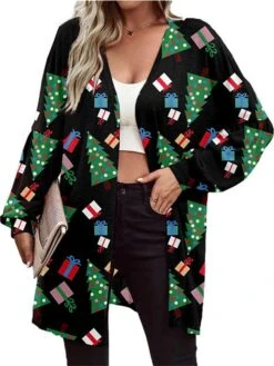 Women's Jacket Christmas Print Santa Claus Breathable Fashion Regular Fit Outerwear Xmas Long Sleeve Fall & Winter Navy S -Xmas Cothing Store vcsenu1667992316687