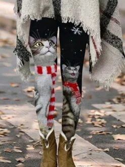 Women's Xmas Tights Leggings Dark Grey Matt Black Creamy-white Fashion Christmas Cat Maple Casual Full Length Thermal Warm Cat S M L XL 2XL -Xmas Cothing Store vebrsk1665660343986