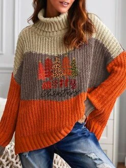 Women's Pullover Sweater Jumper Turtleneck Fuzzy Knit Cotton Blend Oversized Fall Winter Regular Date Weekend Casual Soft Long Sleeve Leopard Christmas Tree Fuchsia Orange S M L -Xmas Cothing Store vfdyrq1695799814772