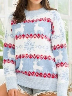 Women's Ugly Christmas Sweater Pullover Sweater Jumper Crew Neck Ribbed Knit Cotton Blend Knitted Fall Winter Outdoor Xmas Holiday Stylish Casual Soft Long Sleeve Snowflake Pink Red Blue S M L -Xmas Cothing Store vfzpvi1666778112494