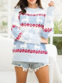 Women's Ugly Christmas Sweater Pullover Sweater Jumper Crew Neck Ribbed Knit Cotton Blend Knitted Fall Winter Outdoor Xmas Holiday Stylish Casual Soft Long Sleeve Snowflake Pink Red Blue S M L -Xmas Cothing Store vghknz1666778105473
