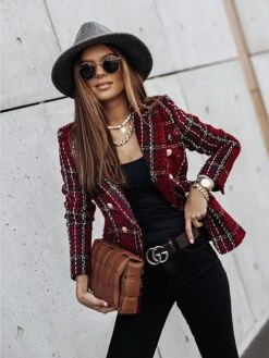 Women's Blazer Tweed Plaid Christmas Jacket Long Sleeve Coat Fall Winter Business Double Breasted Regular Jacket Green Brown XL 2XL 3XL -Xmas Cothing Store vgmvwh1604468502831