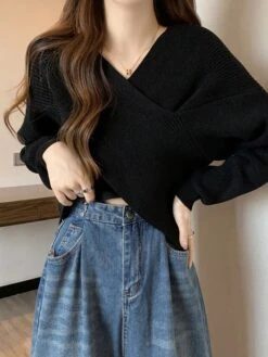 Women's CroppedSweater Pullover Sweater Jumper V Neck Ribbed Knit Polyester Knitted Fall Winter Short Outdoor Christmas Daily Stylish Casual Soft Long Sleeve Solid Color Black Pink Red S M L -Xmas Cothing Store vieyyz1697290886584