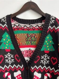 Women's Ugly Christmas Sweater Cardigan Sweater V Neck Ribbed Knit Polyester Button Fall Winter Regular Outdoor Xmas Daily Stylish Casual Soft Long Sleeve Heart Snowflake Black S M L -Xmas Cothing Store viipjm1696823467565