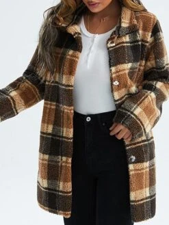 Women's Fleece Jacket Sherpa Jacket Coat Warm Breathable Outdoor Christmas Daily Vacation Xmas Pocket Single Breasted Turndown Plush Comfortable Street Style Shacket Plaid Regular Fit Outerwear Long -Xmas Cothing Store vjiyyc1665214323182