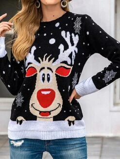 Women's Ugly Christmas Sweater Pullover Sweater Jumper Crew Neck Ribbed Knit Polyester Patchwork Fall Winter Regular Xmas Daily Going Out Stylish Casual Soft Long Sleeve Elk Snowflake Black Red -Xmas Cothing Store vjxhws1695209487116