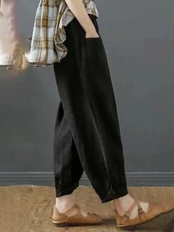 Women‘s Bloomers Baggy Cropped Pants Ankle-Length Cotton Pocket Cotton Linen Micro-elastic High Waist Streetwear Xmas Simple Outdoor Christmas Rice White Black M L Summer Fall -Xmas Cothing Store vkinus1690959768624