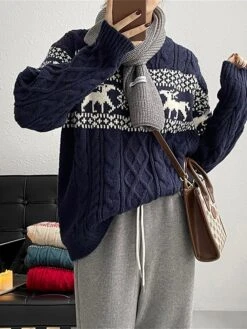 Women's Ugly Christmas Sweater Pullover Sweater Jumper Christmas Sweaters Crew Neck Cable Knit Acrylic Knitted Fall Winter Regular Outdoor Christmas Daily Fashion Casual Soft Long Sleeve Elk Snowflake -Xmas Cothing Store vmetcc1697785163620