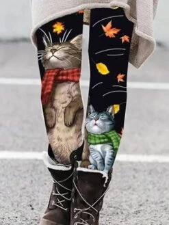 Women's Xmas Tights Leggings Dark Grey Matt Black Creamy-white Fashion Christmas Cat Maple Casual Full Length Thermal Warm Cat S M L XL 2XL -Xmas Cothing Store vprlig1665660345747