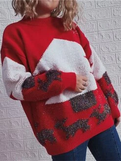 Women's Ugly Christmas Sweater Pullover Sweater Jumper Crew Neck Ribbed Knit Polyester Patchwork Fall Winter Regular Outdoor Christmas Daily Stylish Casual Soft Long Sleeve Elk Christmas Tree Red -Xmas Cothing Store vqjxfs1696903342678