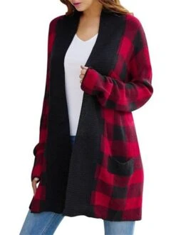 Women's Winter Coat Warm Outdoor Christmas Gifts Christmas Daily Wear Pocket Print Open Front Collarless Active Casual Daily Xmas Comfortable Street Style Plaid Regular Fit Outerwear Long Sleeve Fall -Xmas Cothing Store vrsuac1661164201468