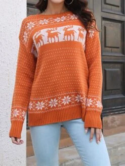Women's Ugly Christmas Sweater Pullover Sweater Jumper Crew Neck Ribbed Knit Acrylic Patchwork Fall Winter Regular Outdoor Xmas Daily Stylish Vintage Style Casual Long Sleeve Elk Snowflake Orange -Xmas Cothing Store vrwdeo1695209499587
