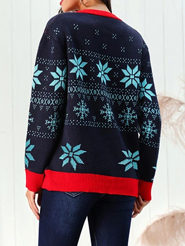 Women's Ugly Christmas Sweater Cardigan Sweater Jacket V Neck Ribbed Knit Acrylic Button Knitted Print Fall Winter Regular Outdoor Christmas Daily Stylish Casual Soft Long Sleeve Snowflake Navy Blue 4 Women's Ugly Christmas Sweater Cardigan Sweater Jacket V Neck Ribbed Knit Acrylic Button Knitted Print Fall Winter Regular Outdoor Christmas Daily Stylish Casual Soft Long Sleeve Snowflake Navy Blue - Image 2