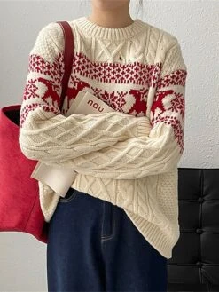 Women's Ugly Christmas Sweater Pullover Sweater Jumper Christmas Sweaters Crew Neck Cable Knit Acrylic Knitted Fall Winter Regular Outdoor Christmas Daily Fashion Casual Soft Long Sleeve Elk Snowflake -Xmas Cothing Store vsfigy1697785145265