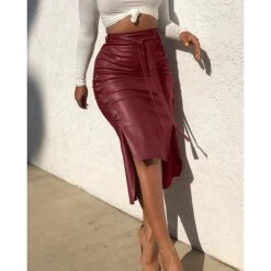 Women's Pencil Bodycon Work Skirts Faux Leather Black Red Wine Camel Skirts Xmas Business Elegant Christmas Office / Career S M L -Xmas Cothing Store vsrprr1624436714754