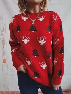 Women's Ugly Christmas Sweater Pullover Sweater Jumper Crew Neck Ribbed Knit Polyester Oversized Fall Winter Regular Outdoor Christmas Daily Stylish Casual Soft Long Sleeve Elk Christmas Tree Red