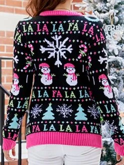 Women's Ugly Christmas Sweater Pullover Sweater Jumper Crew Neck Ribbed Knit Acrylic Patchwork Fall Winter Regular Xmas Daily Going Out Stylish Casual Soft Long Sleeve Animal Elk Snowman Black -Xmas Cothing Store vudaeh1695029182690