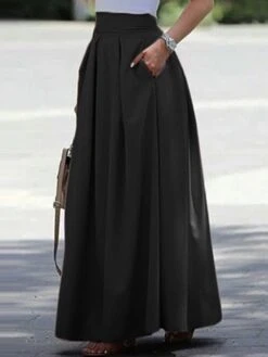 Women's Skirt Swing Work Skirt Maxi Cotton And Linen Red Black Yellow Pink Skirts Pocket Fashion Christmas Office / Career S M L -Xmas Cothing Store vugmgu1644827791626