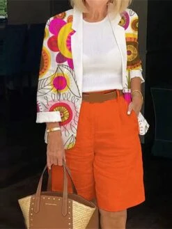 Women's Suits Xmas Office Christmas Work Spring Fall Regular Coat Loose Fit Thermal Warm Windproof Breathable Stylish Contemporary Modern Style Jacket Long Sleeve Floral Print Orange