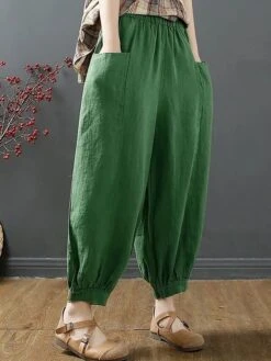 Women‘s Bloomers Baggy Cropped Pants Ankle-Length Cotton Pocket Cotton Linen Micro-elastic High Waist Streetwear Xmas Simple Outdoor Christmas Rice White Black M L Summer Fall -Xmas Cothing Store vvcddc1690959764823