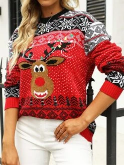 Women's Ugly Christmas Sweater Pullover Sweater Jumper Crew Neck Ribbed Knit Nylon Knitted Fall Winter Outdoor Xmas Daily Stylish Casual Soft Long Sleeve Animal Geometric Snowflake Red S M L -Xmas Cothing Store vvhred1666677207585