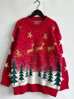Women's Ugly Christmas Sweater Pullover Sweater Jumper Crew Neck Ribbed Knit Polyester Oversized Fall Winter Regular Outdoor Xmas Daily Stylish Casual Soft Long Sleeve Star Elk Christmas Tree Red -Xmas Cothing Store vvsxju1696823467239