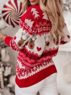 Women's Ugly Christmas Sweater Pullover Sweater Jumper Crew Neck Ribbed Knit Polyester Oversized Fall Winter Xmas Daily Going Out Stylish Casual Soft Long Sleeve Geometric Elk Christmas Tree Red -Xmas Cothing Store vwcduh1693979331229