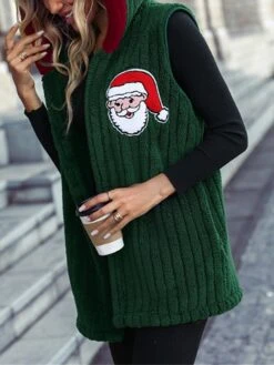 Women's Teddy Vest Christmas Party Xmas Fleece Sherpa Jacket Gilet Santa Winter Windproof Warm Sleeveless Jacket With Pockets Dark Green