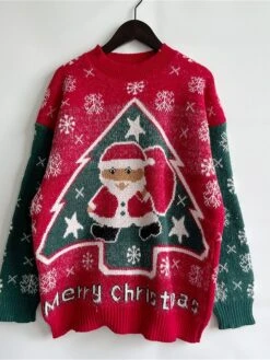 Women's Ugly Christmas Sweater Pullover Sweater Jumper Crew Neck Ribbed Knit Knit Patchwork Fall Winter Regular Outdoor Xmas Daily Stylish Casual Soft Long Sleeve Color Block Letter Santa Claus -Xmas Cothing Store vzsxoq1696918494651