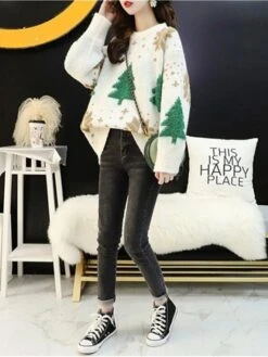 Women's Ugly Christmas Xmas Sweater Pullover Sweater Jumper Pullover Crew Neck Crochet Knit Cotton Knitted Fall Winter Christmas Daily Casual Long Sleeve Christmas Tree Snowflake White Red Navy Blue -Xmas Cothing Store wazgsy1661148401833