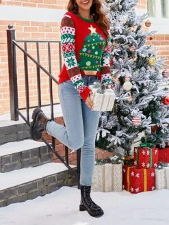 Women's UglyChristmas Sweater Pullover Sweater Jumper Crew Neck Chunky Knit Acrylic Embroidered Drop Shoulder Spring Fall Winter Regular Party Xmas Stylish Casual Long Sleeve Christmas Tree Red -Xmas Cothing Store wbdcsd1695110326345