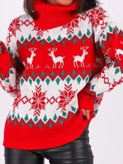 Women's Ugly Christmas Sweater Pullover Sweater Jumper Turtleneck Crochet Knit Polyester Knitted Fall Winter Xmas Holiday Stylish Casual Soft Long Sleeve Snowflake Argyle Black Red S M L -Xmas Cothing Store wbjjss1662099947169