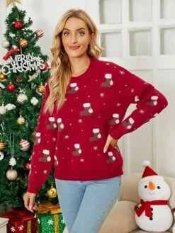 Women's Pullover Sweater Jumper Crew Neck Crochet Knit Acrylic Polyester Embroidery Spring Fall Winter Christmas Daily Holiday Xmas Stylish Ethnic Style Casual Long Sleeve Snowflake Red Green S M L -Xmas Cothing Store wbohci1693561350280