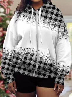 Women's Plus Size Ugly Christmas Hooded Jacket Christmas Plaid Print Party Xmas Drawstring Sport Coat Fashion Loose Fit Outerwear Long Sleeve Fall -Xmas Cothing Store wbpkmr1697180406272