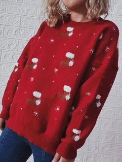 Women's Pullover Sweater Jumper Christmas Sweaters Crew Neck Chunky Knit Polyester Embroidery Knitted Spring Fall Winter Regular School Christmas Daily Fashion Daily Vintage Style Long Sleeve -Xmas Cothing Store wbsukg1697539817243
