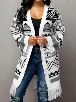 Women's Sweater Coat Cardigan Sweater Jacket Open Front Tassel Ribbed Knit Polyester Knitted Print Fall Winter Long Outdoor Christmas Daily Stylish Casual Soft Long Sleeve Geometric White S -Xmas Cothing Store wbwcys1697290866048