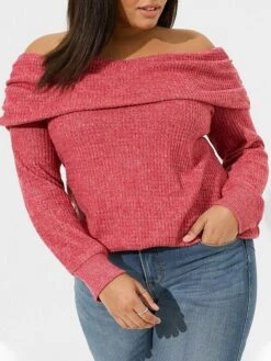 Women's Pullover Sweater Jumper Off Shoulder Waffle Knit Polyester Cold Shoulder Fall Winter Short Party Christmas Going Out Stylish Casual Soft Long Sleeve Solid Color Pink Coffee L XL 2XL -Xmas Cothing Store wbwlmw1697103764550