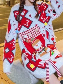 Women's Ugly Christmas Sweater Pullover Sweater Jumper Crew Neck Ribbed Knit Acrylic Knitted Fall Winter Outdoor Xmas Daily Stylish Casual Soft Long Sleeve Geometric Letter Santa Claus White Red -Xmas Cothing Store wcgepp1668219586677