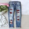 Women's Christmas Pants Trousers Jeans Distressed Jeans Denim Random Pattern Blue Fashion CasualStreet Xmas Casual Baggy Ripped Micro-elastic Full Length Comfort Plaid S M L XL XXL