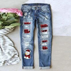 Women's Christmas Pants Trousers Jeans Distressed Jeans Denim Random Pattern Blue Fashion CasualStreet Xmas Casual Baggy Ripped Micro-elastic Full Length Comfort Plaid S M L XL XXL