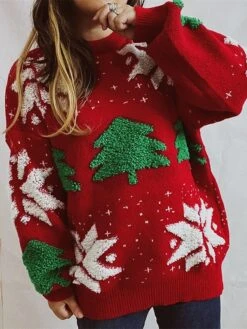 Women's Christmas Sweaters Pullover Sweater Jumper Crew Neck Chunky Knit Polyester Embroidery Spring Fall Winter Regular Christmas Daily New Year Vintage Fashion Daily Long Sleeve Christmas Tree -Xmas Cothing Store weqgcx1697627079959