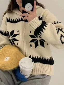 Women's Ugly Christmas Sweater Cardigan Christmas Sweaters Hooded Ribbed Knit Polyester Zipper Knitted Fall Winter Regular Outdoor Christmas Daily Stylish Casual Soft Long Sleeve Snowflake White Red -Xmas Cothing Store wfhwur1697290888259